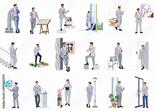 Set of flat vector illustrations of a businessman in various professional scenarios related to architecture, real estate, and urban planning while using a phone.