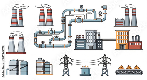 Industrial factory complex with pipes and power lines illustration.
