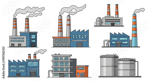 Collection of Industrial Factory Buildings with Smoke Stacks.