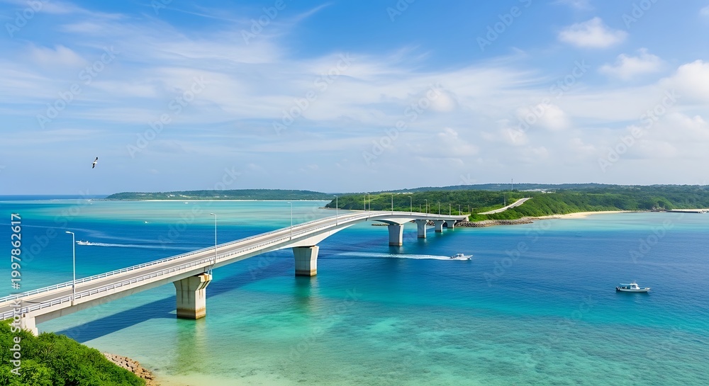 Obraz premium Scenic bridge spans turquoise waters under a bright blue summer sky