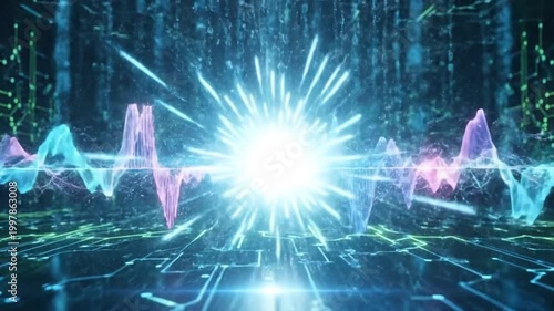 Abstract digital sound wave visualization, futuristic technology background.