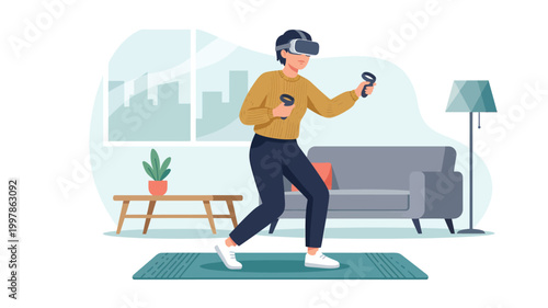 Man wearing VR headset and controllers playing video game in living room