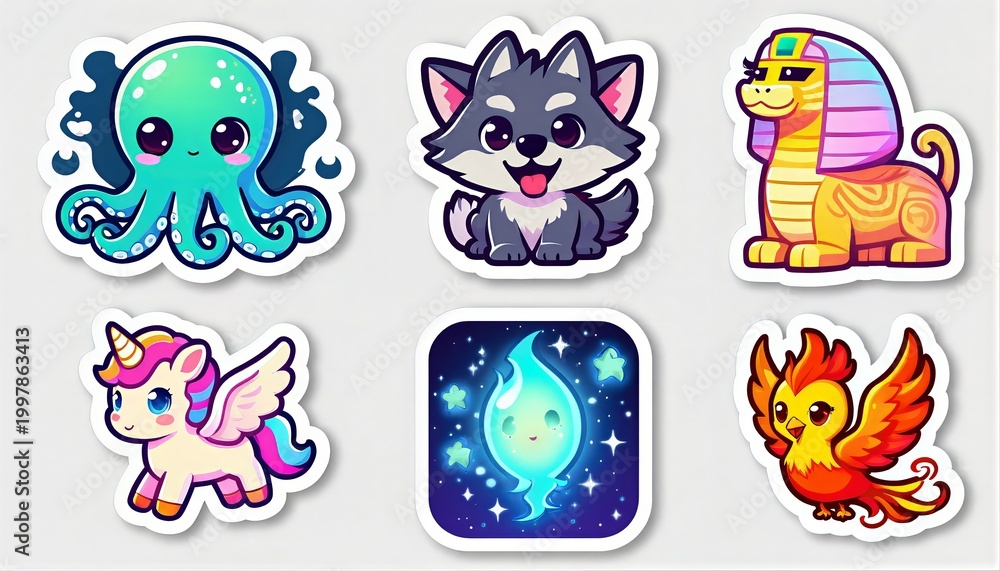 Obraz premium Kawaii Animal and Mythical Creatures Stickers Set