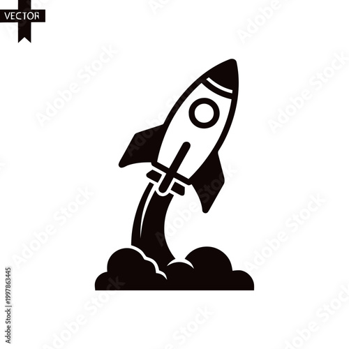 Rocket ship icon launches upward with a trail of smoke as a symbol of rapid business growth and startup innovation.