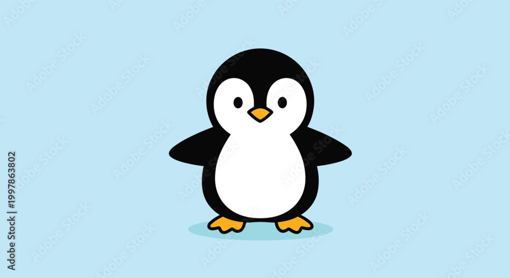 Fototapeta premium Cute cartoon illustration of a small black and white penguin standing on a blue background with a friendly expression.