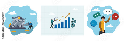 Financial crisis or investment failure, business growth charts, communicate with speech bubbles.