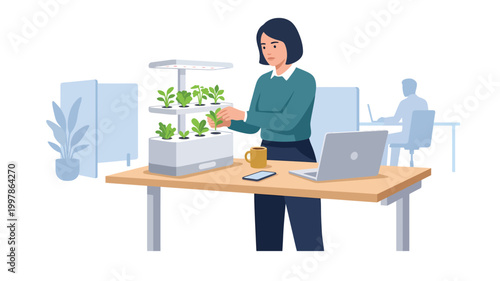 Professional woman tending to indoor hydroponic garden on modern office desk