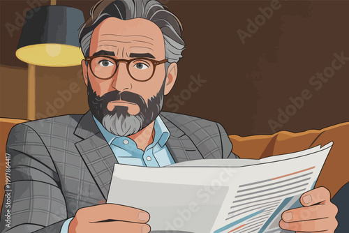 Middle - aged man in suit reading document