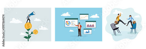 Entrepreneurs observe the growth of investments, analyze data, office workers swap job positions.