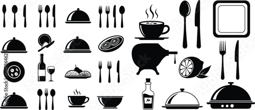 Black and white culinary icons a collection of dining and serving elements