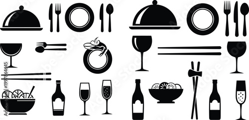 Elegant black and white dinnerware and drinkware set illustration