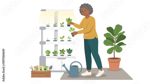 Senior African American woman tending plants on indoor LED grow rack