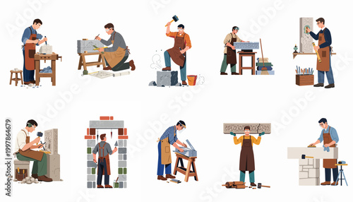 Tableau sur toile Collection of Professional Stonemasons and Sculptors Working on Various Stone Ca