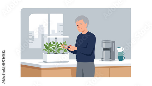 Senior man pruning plants in indoor kitchen garden using scissors