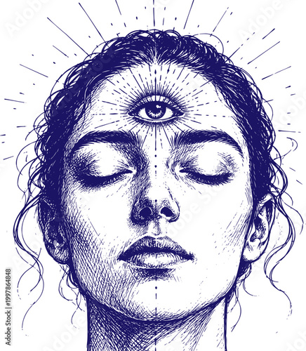 Spiritual awakening human face sketch with closed eyes and detailed third eye on forehead, mystical meditation concept line art, inner consciousness illustration