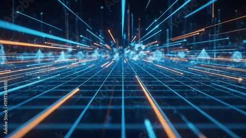 Abstract digital technology background with glowing lines and shapes.