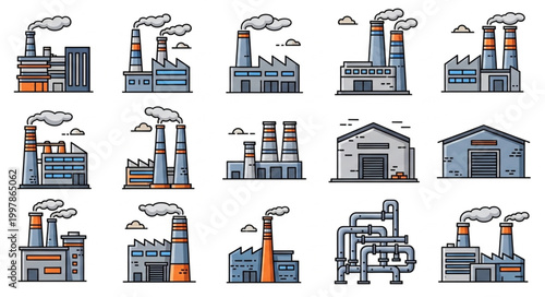 Collection of Industrial Factory Buildings with Smoke Stacks.