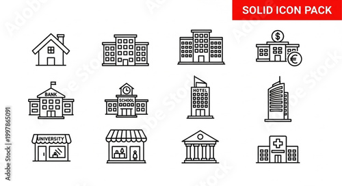 Collection of modern building icons for graphic design projects.