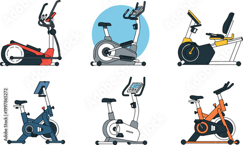 Home gym cardio equipment set with exercise bikes elliptical trainer and fitness machines modern flat vector illustration collection