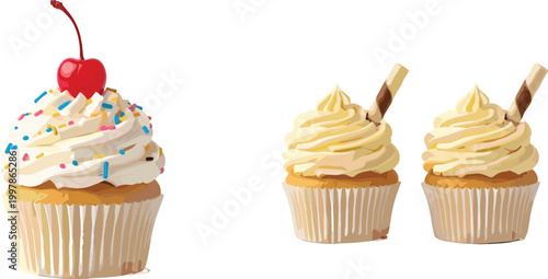 Cupcake Set with Cream Frosting, Cherry Topping, and Wafer Decoration for Bakery, Dessert Menu, Sweet Food, and Pastry Illustration Design