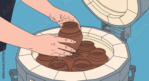 Artisan hands carefully placing raw clay pottery jars into a round kiln for firing in a traditional ceramics workshop.