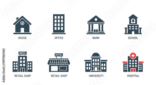Collection of diverse building icons representing different services and functions.