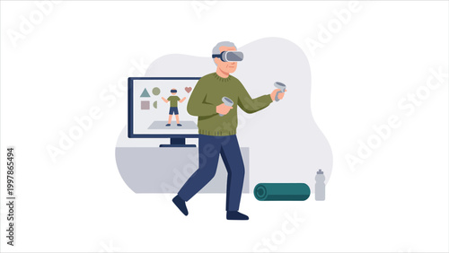 Senior man using VR headset for fitness workout at home