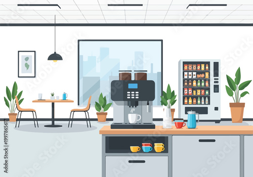 Obraz na plátně A modern office break room with coffee machine and vending