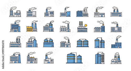 Collection of Industrial Factory Buildings with Smoke Stacks.