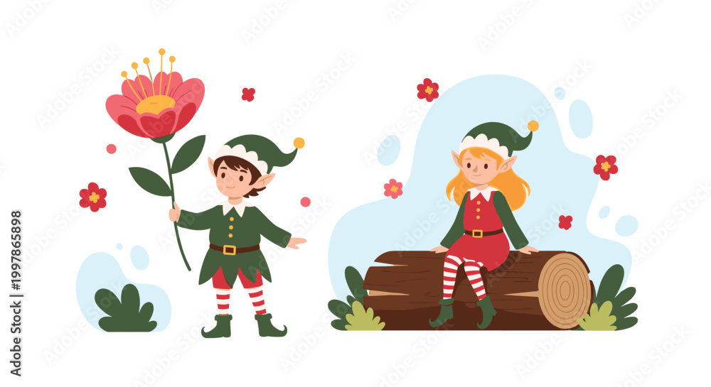 Fototapeta premium Pair of cute festive Christmas elves with one holding a giant red flower and another sitting calmly on a tree log.