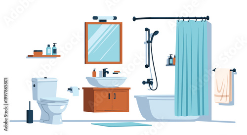 Modern bathroom interior featuring a toilet, sink vanity, bathtub with shower, and essential accessories in a clean design.