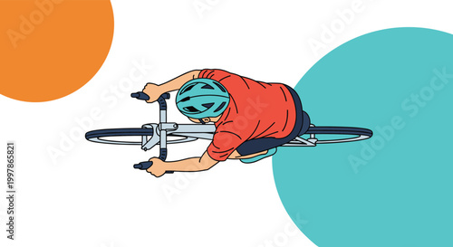 Top down view of a professional cyclist wearing a helmet riding a bicycle against a minimalist geometric background.