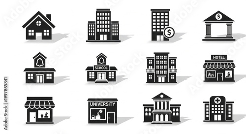 Collection of diverse building icons representing various establishments.