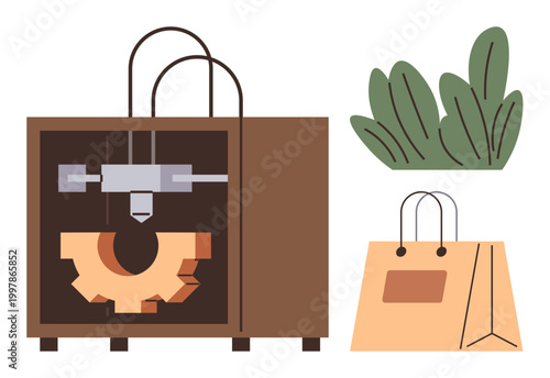 Manufacturing, eco-friendly products, retail, innovation, technology, sustainable design. 3D printer with a gear, paper shopping bag and plants. Manufacturing and eco-friendly products concept