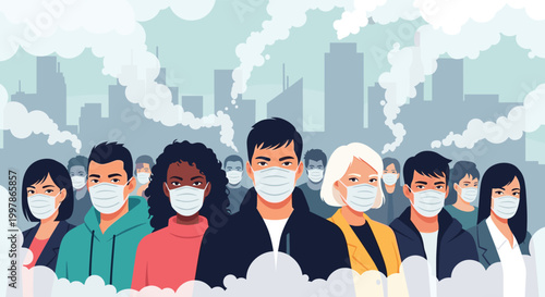 Diverse group of people wearing protective face masks in a smoggy city environment representing pollution and public health.