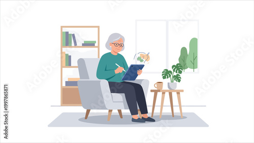 Senior woman drawing on digital tablet in cozy living room armchair