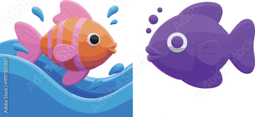 Cute cartoon fish vector illustration set with colorful aquatic characters, playful underwater scene with waves and bubbles, vibrant marine life design