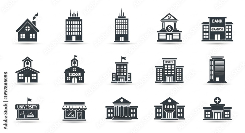 Fototapeta premium Collection of diverse building icons representing various structures.