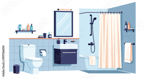 Modern bathroom interior featuring a clean white toilet, a matching sink with a mirror, and a bathtub with a shower curtain.