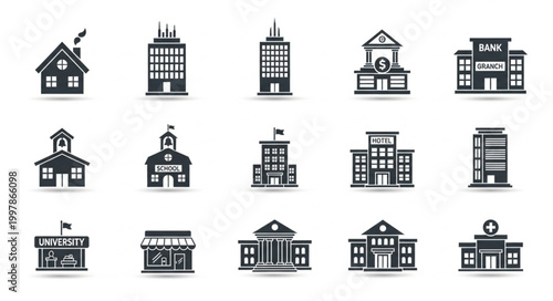 Collection of diverse building icons representing various structures.