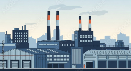 Industrial factory complex with smoking chimneys and buildings.