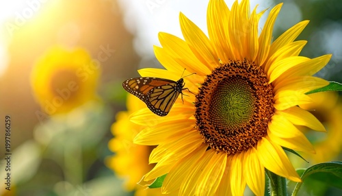 Sunflower and Monarch butterfly in sunlight