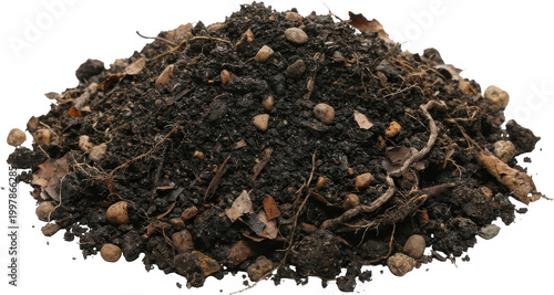 A pile of rich dark soil featuring small stones dry leaves and visible roots creating a natural texture dirt earth gardening compost organic humus ground loose brown granular