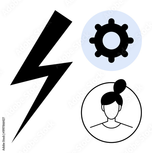 Symbols concept. Symbols include a lightning bolt, gear, and female avatar, power, functionality, and identity. Symbols are essential in design usability and branding. education technology