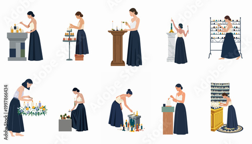 Obraz na płótnie Flat illustration set of a woman lighting candles in various settings, representing ritual, prayer, and spirituality