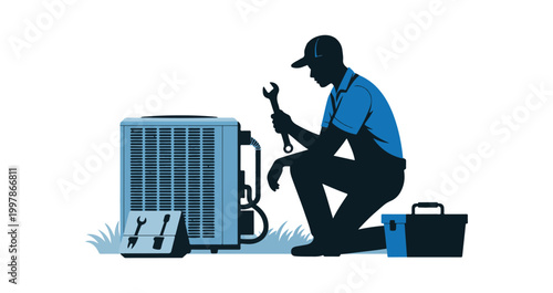 HVAC Technician Repairing Air Conditioning Unit Silhouette