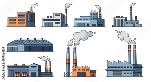 Collection of Industrial Factory Buildings with Smoke Stacks.