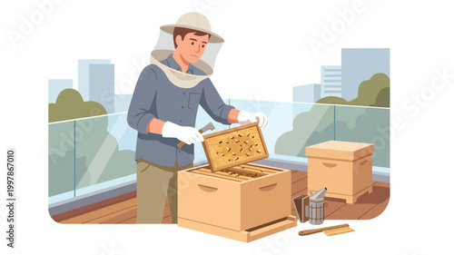 Urban beekeeper inspecting honeycombs on a rooftop terrace with city views