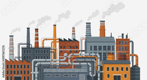 Industrial factory complex with smoking chimneys and pipes.
