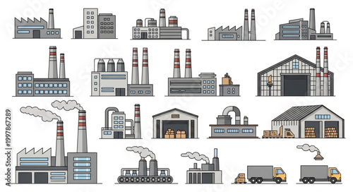 Collection of Industrial Factory Buildings and Trucks.